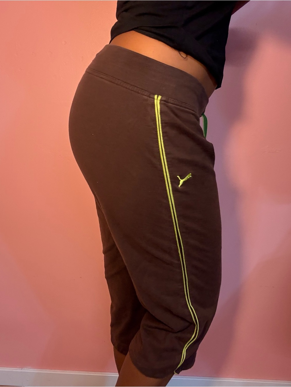 Puma Brown Capri Sweatpants with Neon Green Accents